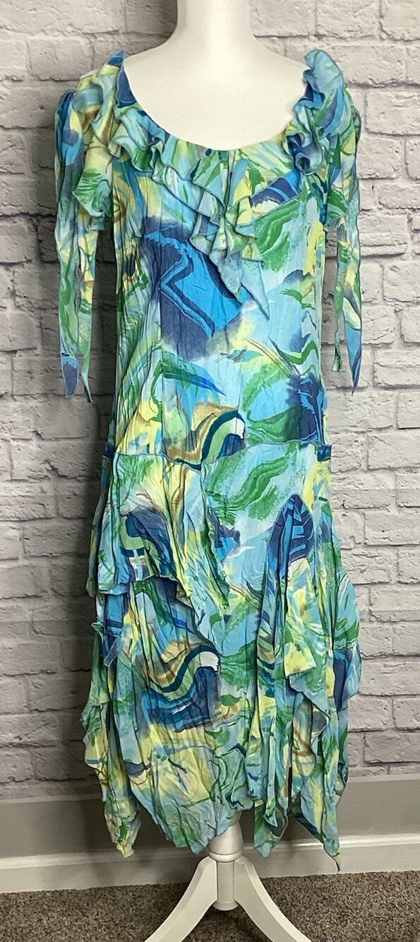 Women’s Size 18 Blue Green Abstract Ruffle Midi Dress 3/4 Sleeve Boho Flowy